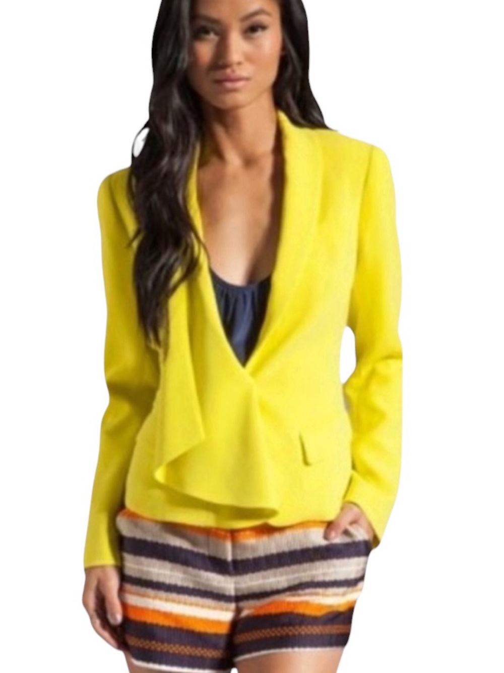 Trina Turk Chartreuse Yellow Crepe Cascade Asymmetrical Blazer Jacket - 10